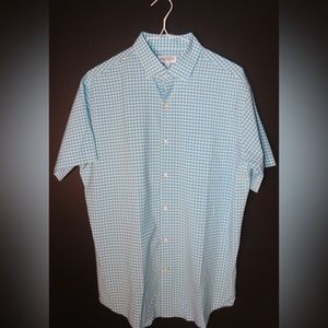 Peter Millar short sleeve dress shirt, white and blue checkered pattern.